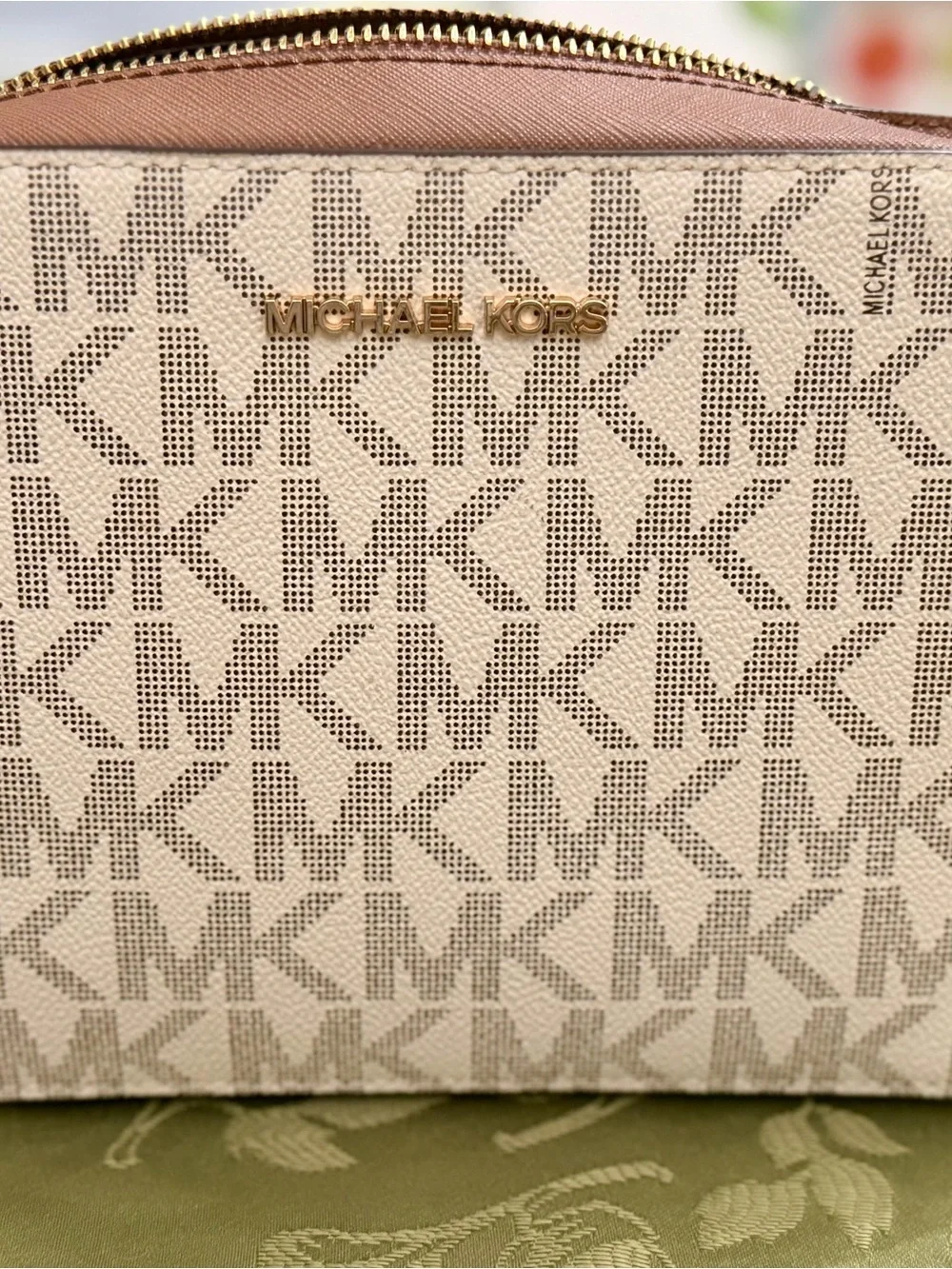 Michael Kors Cream and Brown Signature Dome Crossbody
